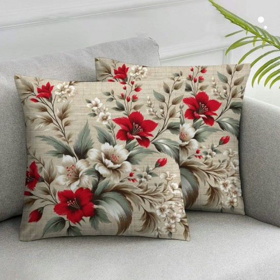 Ulloord Throw Pillow Cover Linen Stem Red Geraniums Meadow Flower Pattern Textures Color Decorative Square Pillow Case for Couch Sofa Home Decoration