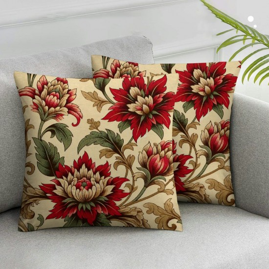 Ulloord Decorative Square Throw Pillow Cover Linen Stem Silhouette Red Bud Geraniums Meadow Flower Nature Petal Branch Blossom Pattern Textures Color Pillow Case for Couch Sofa Home Decoration