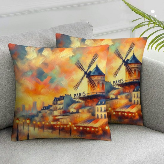 Ulloord Throw Pillow Cover Linen Outdoors Oil Painting Moulin Design Rouge Paris Parks Impressionism Square Pillow Case for Couch Sofa Home Decoration