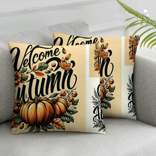 Ulloord Pillow Cover Yellow Graphic Pumpkin Welcome Autumn Orange Harvest Nature Celebration Drawing Fall Floral Food Decorative Linen Throw Pillow Case  for Sofa Car Bedding Decoration