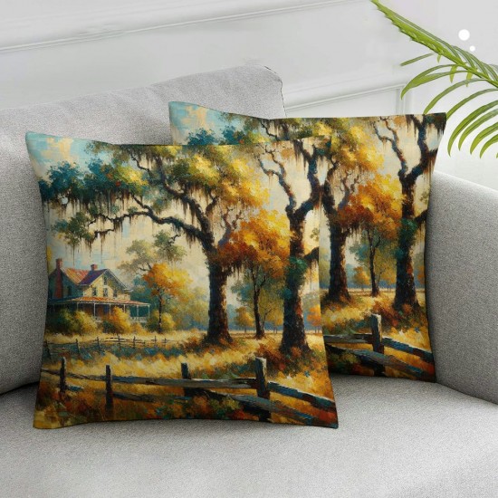 Ulloord Pillow Cover Blue Autumn Landscape Outhouse Oil Beauty Painting Brown Atmosphere Beautiful Decorative Linen Throw Pillow Case for Sofa Car Bedding Decoration