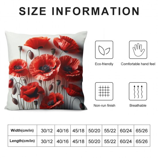 Ulloord  Spring Poppy Flowers Decorative Pillow Covers, Red Crimson White Poppy Nature Beautiful Beauty Blossom Double Sided Throw Pillow Covers Sofa Cushion Cover Square