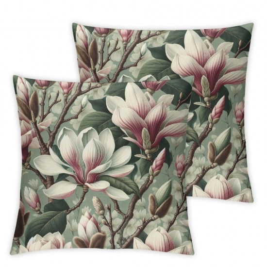 Ulloord  Pink Blossom Throw Pillow Covers,Beautiful Magnolia Spring Flower White Decorative Pillow Covers Digital Printing Linen Blended for Couch Sofa Bed Invisible Zipper