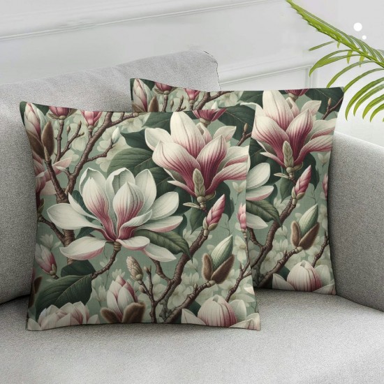 Ulloord  Pink Blossom Throw Pillow Covers,Beautiful Magnolia Spring Flower White Decorative Pillow Covers Digital Printing Linen Blended for Couch Sofa Bed Invisible Zipper