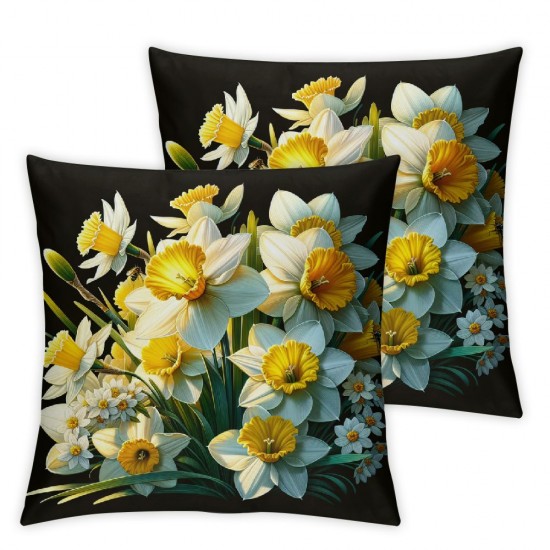 Ulloord  Spring Yellow Flowers Decorative Pillow Covers, Blue Stripes White Daffodils Delicate Pattern Double Sided Throw Pillow Covers Sofa Cushion Cover Square