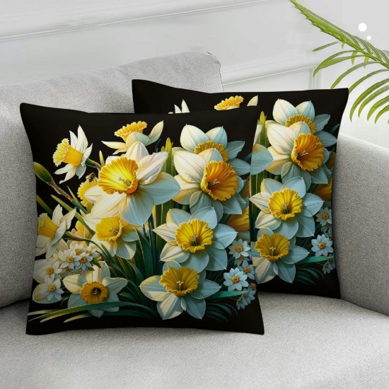 Ulloord  Spring Yellow Flowers Decorative Pillow Covers, Blue Stripes White Daffodils Delicate Pattern Double Sided Throw Pillow Covers Sofa Cushion Cover Square