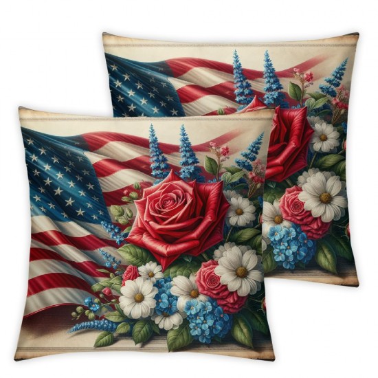 Ulloord Hopyeer American Flag Flowers Throw Pillow Covers Wood Rose Liliy Green Leaves Garland Pillowcase Independence&nbsp;Day Home Decor Cushion Case