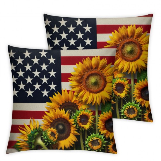 Ulloord 4th of July American Flag Pillow Covers Rustic Farm Truck Red Geranium Sunflower Throw Pillow Covers USA Freedom Pillows Decor