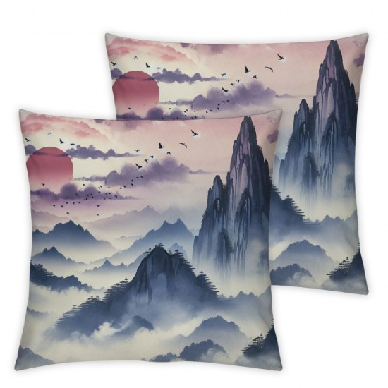 Ulloord  Ink Landscape Painting Throw Pillow Covers, Decorative Pillow Covers Digital Printing Blended Fabric for Couch Sofa Bed Invisible Zipper