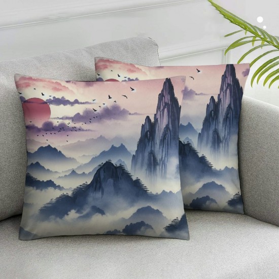 Ulloord  Ink Landscape Painting Throw Pillow Covers, Decorative Pillow Covers Digital Printing Blended Fabric for Couch Sofa Bed Invisible Zipper