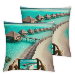 Ulloord  Blue Sandy Beach Throw Pillow Covers,Beautiful Over Water Villas Decorative Pillow Covers Digital Printing Linen Blended for Couch Sofa Bed Invisible Zipper