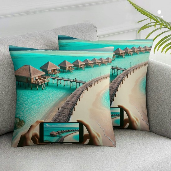 Ulloord  Blue Sandy Beach Throw Pillow Covers,Beautiful Over Water Villas Decorative Pillow Covers Digital Printing Linen Blended for Couch Sofa Bed Invisible Zipper