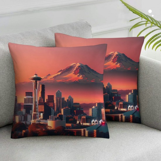 Ulloord  Orange Cityscape Throw Pillow Covers,Dark Blue Sunset Seattle Skyline Decorative Pillow Covers Digital Printing Blended Fabric for Couch Sofa Bed Invisible Zipper