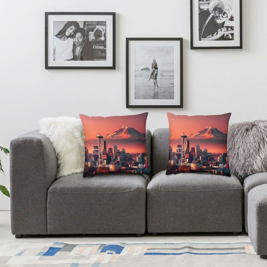 Ulloord  Orange Cityscape Throw Pillow Covers,Dark Blue Sunset Seattle Skyline Decorative Pillow Covers Digital Printing Blended Fabric for Couch Sofa Bed Invisible Zipper