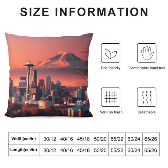 Ulloord  Orange Cityscape Throw Pillow Covers,Dark Blue Sunset Seattle Skyline Decorative Pillow Covers Digital Printing Blended Fabric for Couch Sofa Bed Invisible Zipper