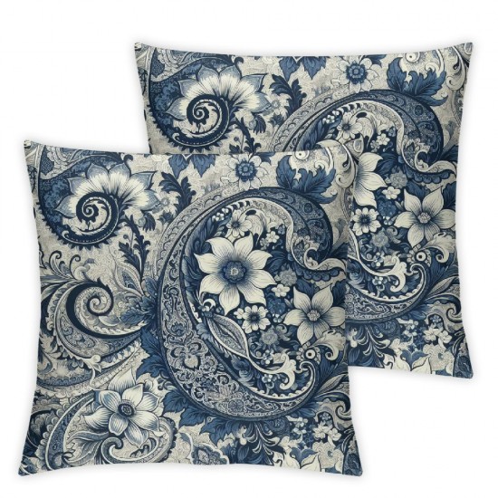 Ulloord  White Blue Luxury Paisley Pattern Throw Pillow Covers,Retro Flowers Decorative Pillow Covers Digital Printing Linen Blended for Couch Sofa Bed Invisible Zipper