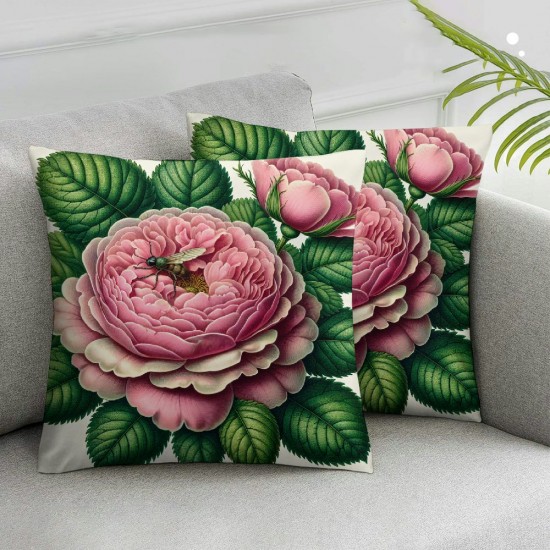 Ulloord Pink Blooming Romantic Roses Throw Pillow Covers Vintage Natural Flower Bouquet Art Design Square Pillowcases for Home Decor Sofa Car Bedroom Pillow case