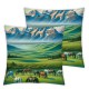 Ulloord Throw Pillow Covers Cute Horses in Field Square Pillowcases for Home Decor Sofa Car Bedroom Green Grassland Towering Mountains Natural Scenery Print Pillow Cases