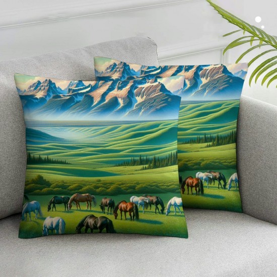 Ulloord Throw Pillow Covers Cute Horses in Field Square Pillowcases for Home Decor Sofa Car Bedroom Green Grassland Towering Mountains Natural Scenery Print Pillow Cases