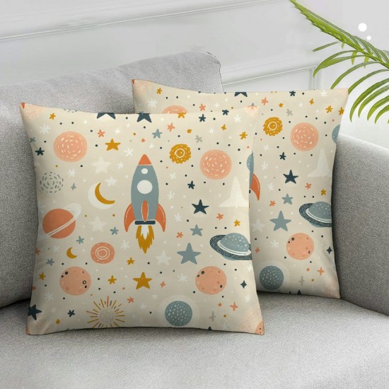 Ulloord Throw Pillow Covers Rocket Planet Stars Hand Drawn Pink Cartoon Pattern Pillow Case Pillowcases for Home Decor Sofa Outdoor