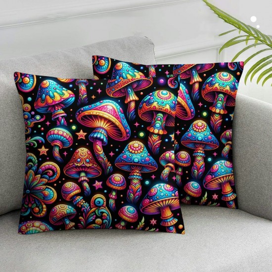 Ulloord Throw Pillow Covers Colorful Glowing Mushrooms Square Pillowcases for Home Decor Sofa Car Bedroom Stars Decor Background Seamless Pattern Design Pillow Cases