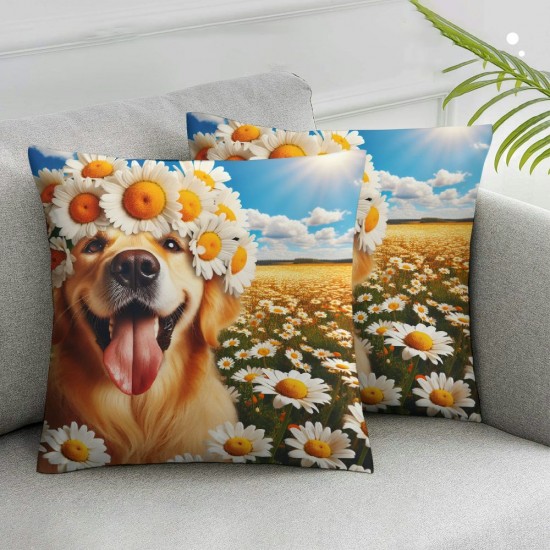 Ulloord Square Throw Pillow Covers Cute with Wreath Pillow Cases Decorative for Home Bedroom Sofa Flower Field Animal Dog Print Pillowcases Standard Size