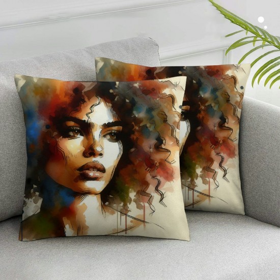 Ulloord Square Throw Pillow Covers Beautiful African Girl with Hair Pillow Cases Decorative for Home Bedroom Sofa Creative Watercolor Painting Pillowcases Standard Size