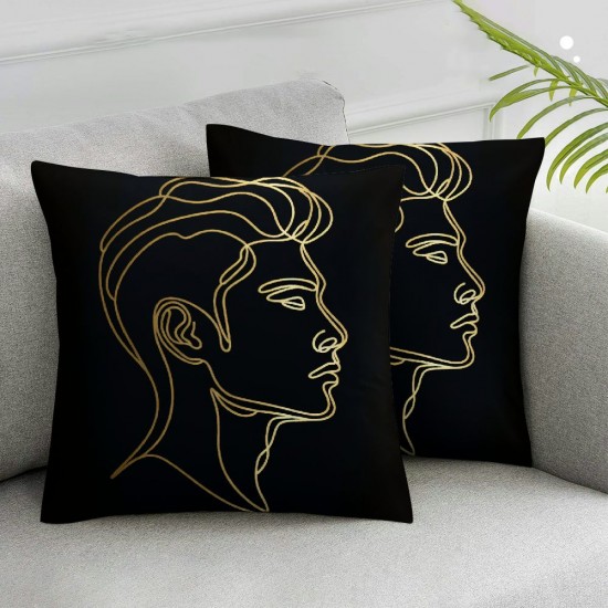 Ulloord Square Throw Pillow Covers Woman's Face Golden Lines Pillow Cases Decorative for Home Bedroom Sofa Hand Drawn Abstract Art Pillowcases Standard Size