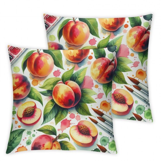 Ulloord Square Throw Pillow Covers Pink Peaches Pillow Cases Decorative for Home Bedroom Sofa Sweet Fruits with Green Leaves Art Design Pillowcases Standard Size