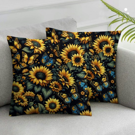 Ulloord Square Throw Pillow Covers Yellow Sunflowers with Blue Butterflies Pillow Cases Decorative for Home Bedroom Sofa Seamless Floral Pattern Painting Pillowcases Standard Size