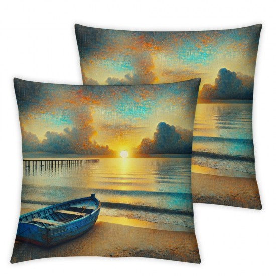 Square Throw Pillow Covers Boat on Beach Pillow Cases Decorative for Home Bedroom Sofa Wonderful Oil Painting Pillowcases Standard Size