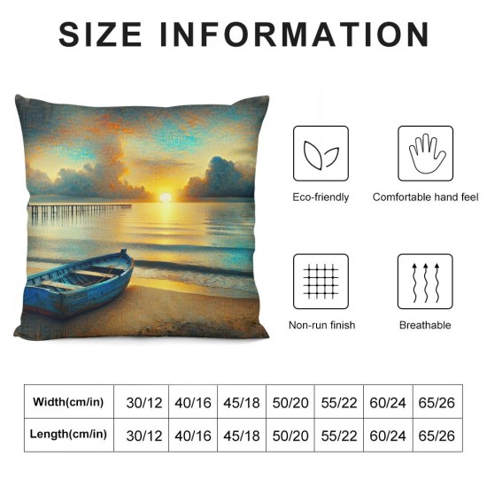 Square Throw Pillow Covers Boat on Beach Pillow Cases Decorative for Home Bedroom Sofa Wonderful Oil Painting Pillowcases Standard Size