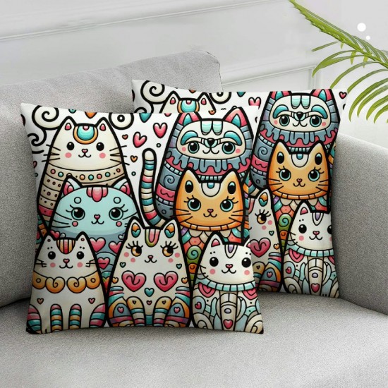 Ulloord Square Throw Pillow Covers Lovely Colorful Kittens Pillow Cases Decorative for Home Bedroom Sofa Hand Drawn Cats Cartoon Animal Creative Painting Pillowcases Standard Size