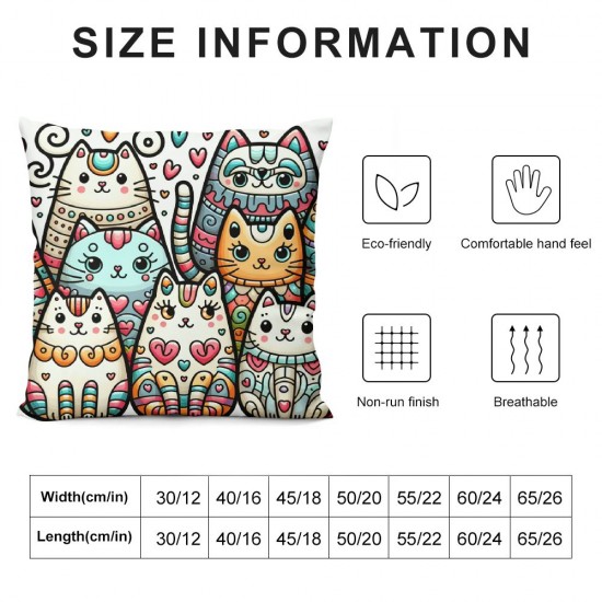 Ulloord Square Throw Pillow Covers Lovely Colorful Kittens Pillow Cases Decorative for Home Bedroom Sofa Hand Drawn Cats Cartoon Animal Creative Painting Pillowcases Standard Size