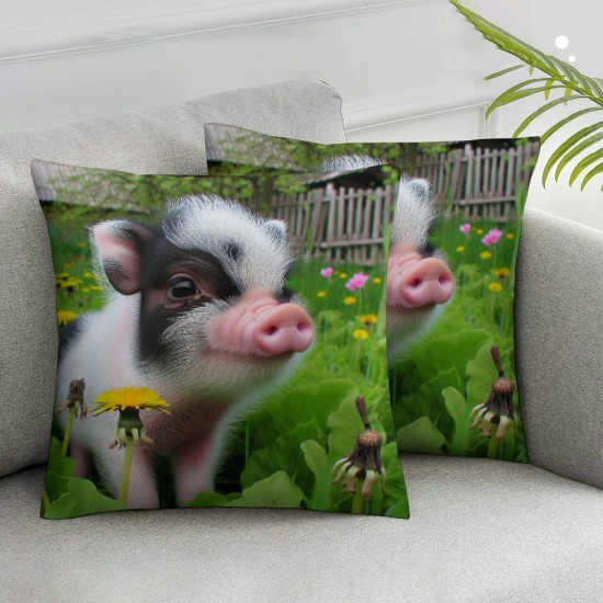 Ulloord Square Throw Pillow Covers Cute Piggy in Yellow Flower Field Pillow Cases Decorative for Home Bedroom Sofa Animal Pig Natural Design Pillowcases Standard Size