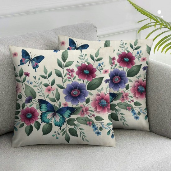 Ulloord Square Throw Pillow Covers Branches with Colorful Flowers Pillow Cases Decorative for Home Bedroom Sofa Floral Butterflies Painting Pillowcases Standard Size