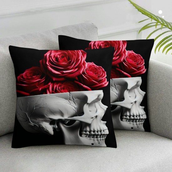 Ulloord Square Throw Pillow Covers Human Skulls Pillow Cases Decorative for Home Bedroom Sofa Red Blooming Roses Black Background Painting Pillowcases Standard Size