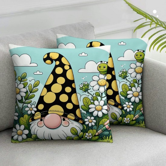 Ulloord Square Throw Pillow Covers Honey Bee Gnome with Daisy Flower Design Pillow Cases Decorative for Home Bedroom Sofa Pillowcases Standard Size