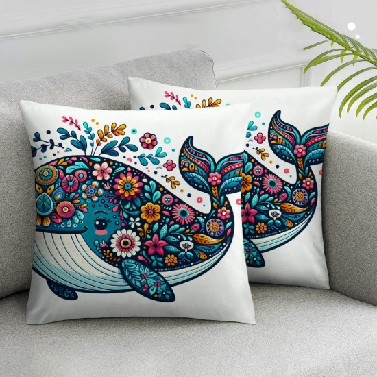 Watercolor and Flowers Pillowcases Cute Sea Animal Art Design Pillow Case Decorative Throw Pillow Cover for Home Sofa Office