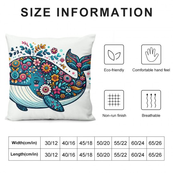 Watercolor and Flowers Pillowcases Cute Sea Animal Art Design Pillow Case Decorative Throw Pillow Cover for Home Sofa Office