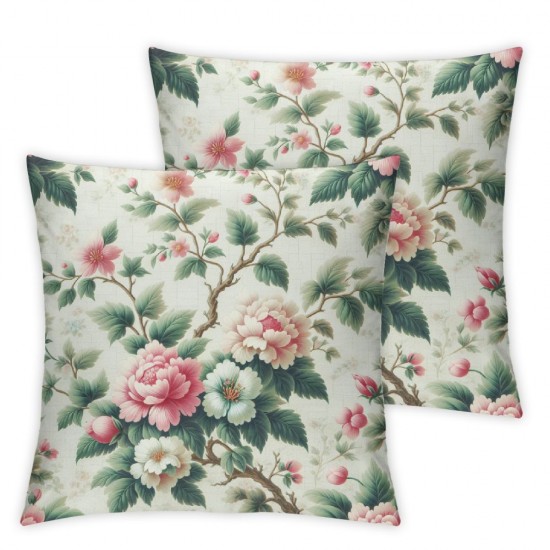 Ulloord Watercolor Pink Flowers Throw Pillow Covers Wild Green Leaves Floral Seamless Pattern Square Pillowcases for Home Decor Sofa Car Bedroom Pillow case