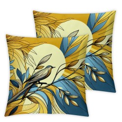 Ulloord Square Throw Pillow Covers Birds on Branch Blue Yellow Background Painting Pillow Cases Decorative for Home Bedroom Sofa Pillowcases Standard Size