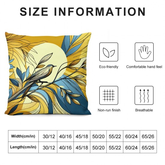 Ulloord Square Throw Pillow Covers Birds on Branch Blue Yellow Background Painting Pillow Cases Decorative for Home Bedroom Sofa Pillowcases Standard Size