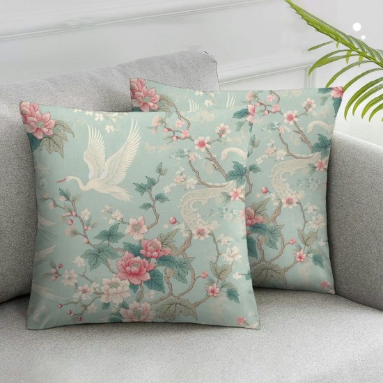 Ulloord Pink Cherry Blossoms Beautiful Flying Cranes Pillowcases Animal Vintage Art Painting Pillow Case Decorative Throw Pillow Cover for Home Sofa Office